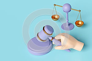 3d judge gavel, hand holding hammer auction with justice scales, stand isolated on blue background. law, justice system symbol
