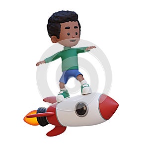 3D kid character standing riding a rocket