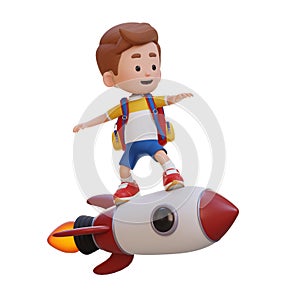 3D kid character standing riding a rocket