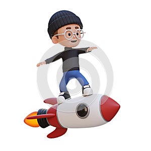 3D kid character standing riding a rocket