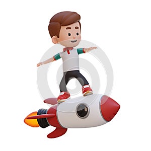 3D kid character standing riding a rocket