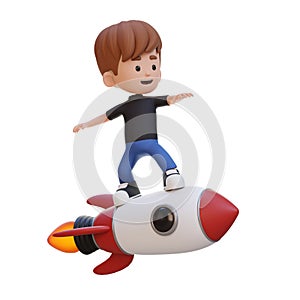 3D kid character standing riding a rocket