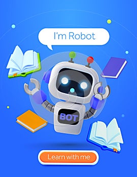 3d knowledgable robot or AI help desk banner template. Combination of chatbot, books, CTA isolated on background. 3d photo