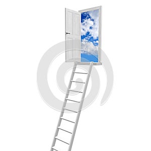 Open door, sky with clouds, ladder - 3D illustration