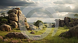 African-inspired Delicate Landscapes: Majestic Rocks On Grassy Savanna photo