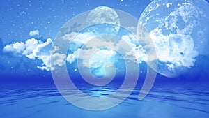 3D landscape with planets over ocean