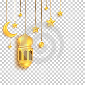 3d lantern, crescent moon, hanging star ramadan eid design elements