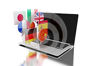 3d Laptop with bubble speech flags.
