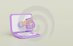 3d Laptop with cartoon businessman hands holding money bag dollar isolated. Quick credit approval or loan approval concept, 3d