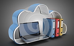 3d laptop cloud and folders. 3d illustration