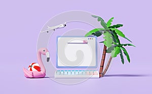 3d laptop computer monitor with blank search bar, palm tree, Inflatable flamingo, plane isolated on purple background. online