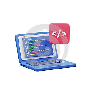 3d laptop displaying code with programming icon