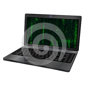 3d laptop with green matrix background on screen. on w