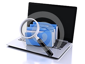 3d laptop, magnifying glass and computer files photo