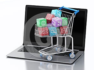 3d Laptop pc with Apps icons in shopping cart.