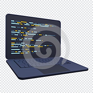 3d laptop and program code development. Web coding concept. Coding screen 3d rendering. 3d rendering of laptop. 3d render