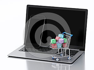 3d Laptop and Smartphone with Apps icons in shopping cart.