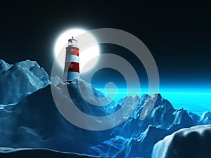 3D lighthouse on rocky cliffs against a night sky