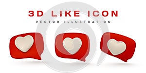 3d Like message notification icon. Cute minimal speech bubble with heart. Vector illustration