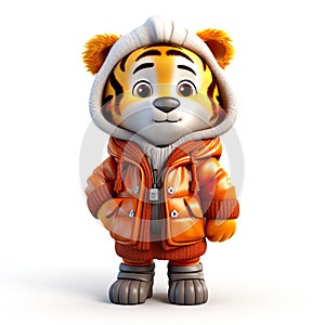 3D lion character dressed in a cozy winter coat, skillfully isolated against a clean white background. photo