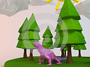3d lizard inside a low-poly green scene
