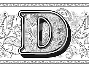 D logo. hand drawn alphabetical doodles in zentangle stylized