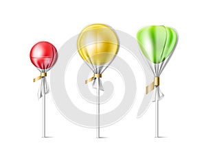 3d lollipop. Transparent wrappers candies and realistic different shapes lollipops in plastic packaging, sugar products