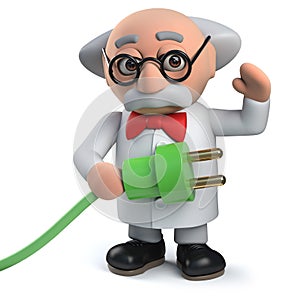 3d mad scientist character holding a green power lead with plug