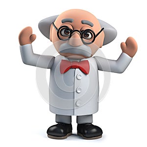 3d Mad scientist professor character is excited at a discovery photo