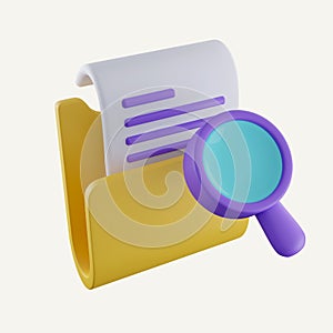 3d Magnifying glass and yellow folder with files. concept of document search. search file storage database via magnifier