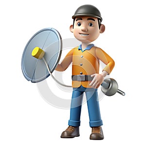 3D Man Cable Guy with Satellite Dish Isolated on