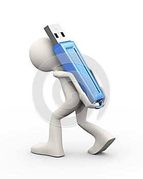 3d man carrying usb flash drive on his back