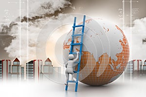 3d man climbing the Globe with the help of ladder