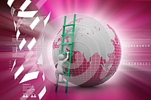 3d man climbing the Globe with the help of ladder