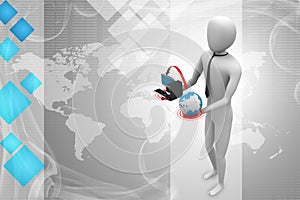 3d man with globe and computer