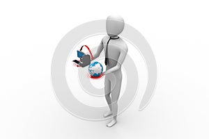 3d man with globe and computer