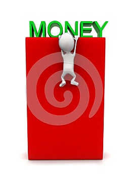 3d man hanging at the edge of ther box next to money text concept photo