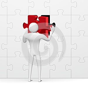 Ã¯Â»Â¿3d man inserting red missing piece in grey puzzle