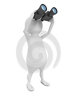 3d man looking into binocular on white background