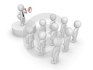 3d man with loudspeaker talking to crowd photo