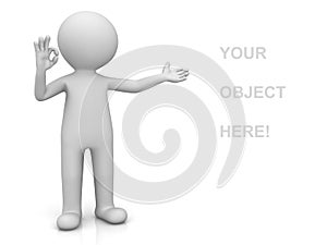 Tridimensionale uomo presentazioni il tuo Prodotto un visualizzato Va bene mano gesto Attraverso bianco 