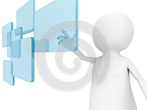 3d man push a digital touch screen in air