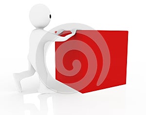 3d man push red big cube illustration
