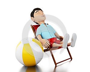 3d Man relaxed on a beach chair with a beach ball.