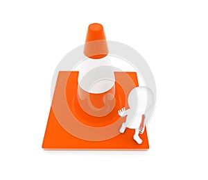 3d man showing stop gesture by his hand while standing on a large traffic cone concept