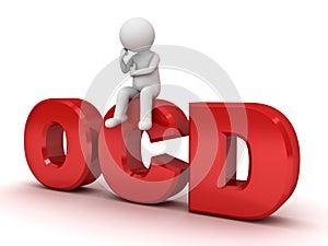 3d man sitting on red ocd text or Obsessive compulsive disorder photo