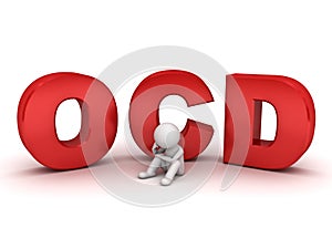 3d man sitting with red ocd text or Obsessive compulsive disorder photo