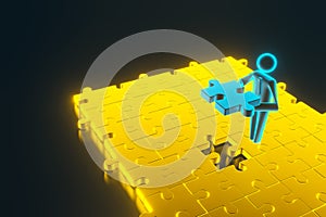 3d man, small person inserting last part of a puzzle. 3d rendering