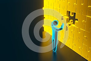 3d man, small person inserting last part of a puzzle. 3d rendering