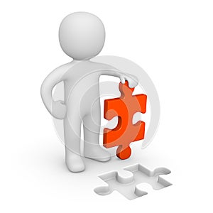 3d man standing with puzzle piece.